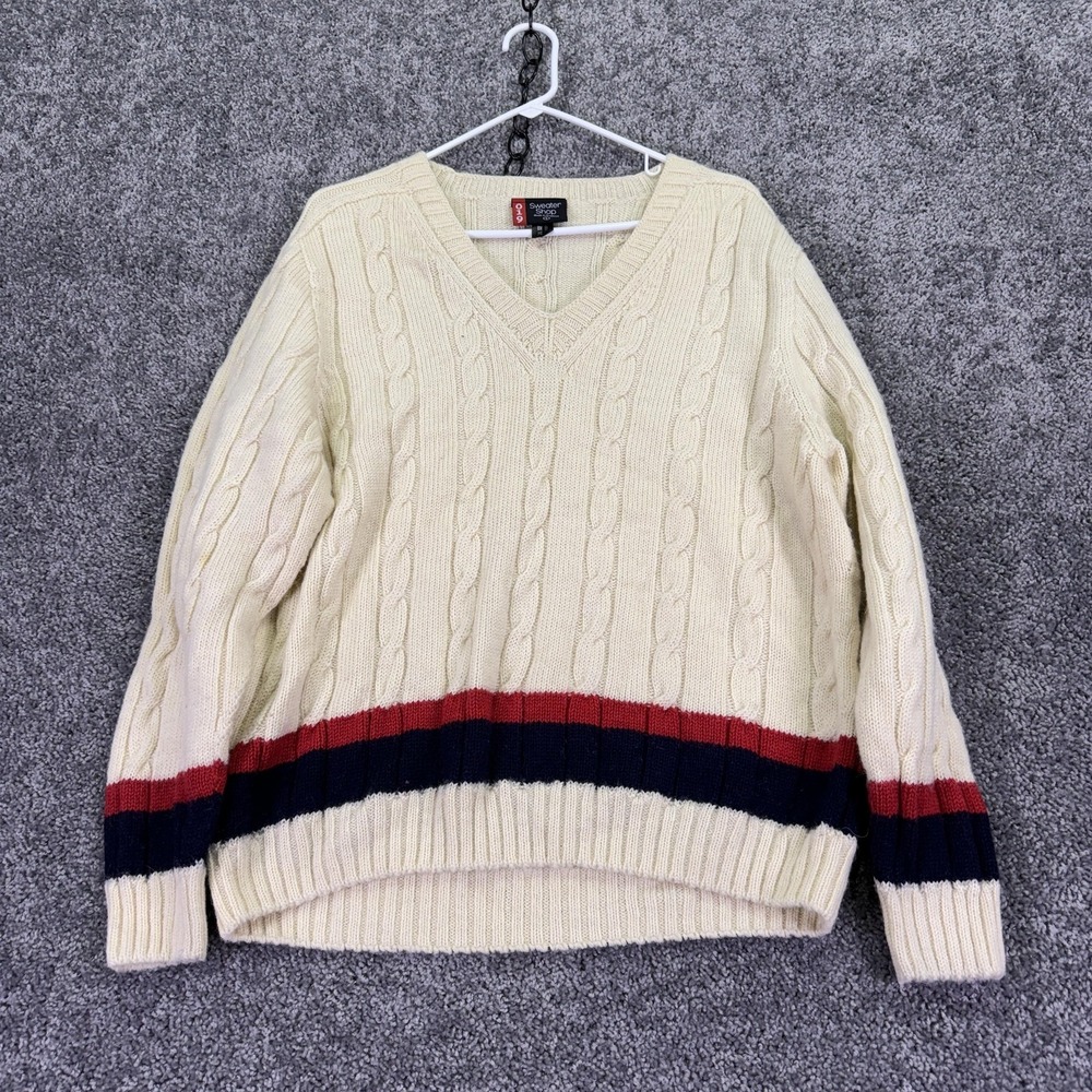 Sweater Shop Sweater Mens Large White Wool Cable Knit V Neck Red Stripe Casual